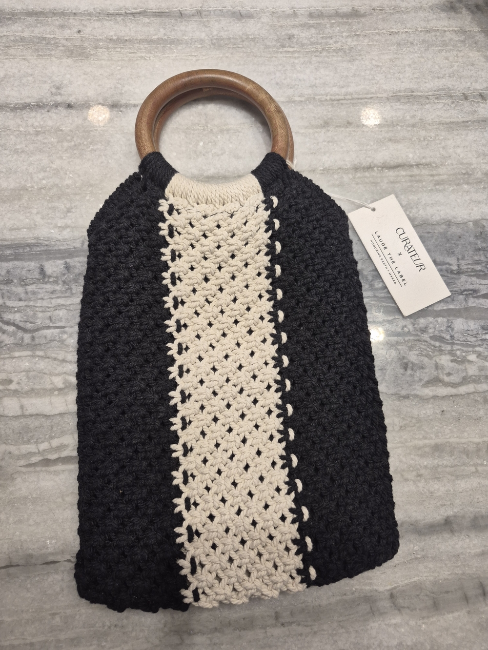 Curateur Black and Cream Crochet Tote with Wooden Handles